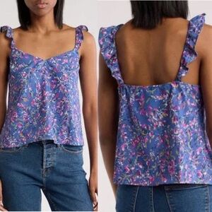 ⭐️French Connection Floral Blue Ruffle Strap Top